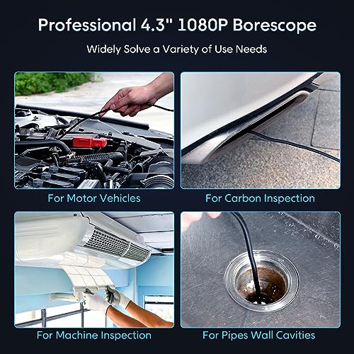 Handheld Borescope 4.3'' HD 1080P Endoscope with 50ft Semi-Rigid Cable I7202
