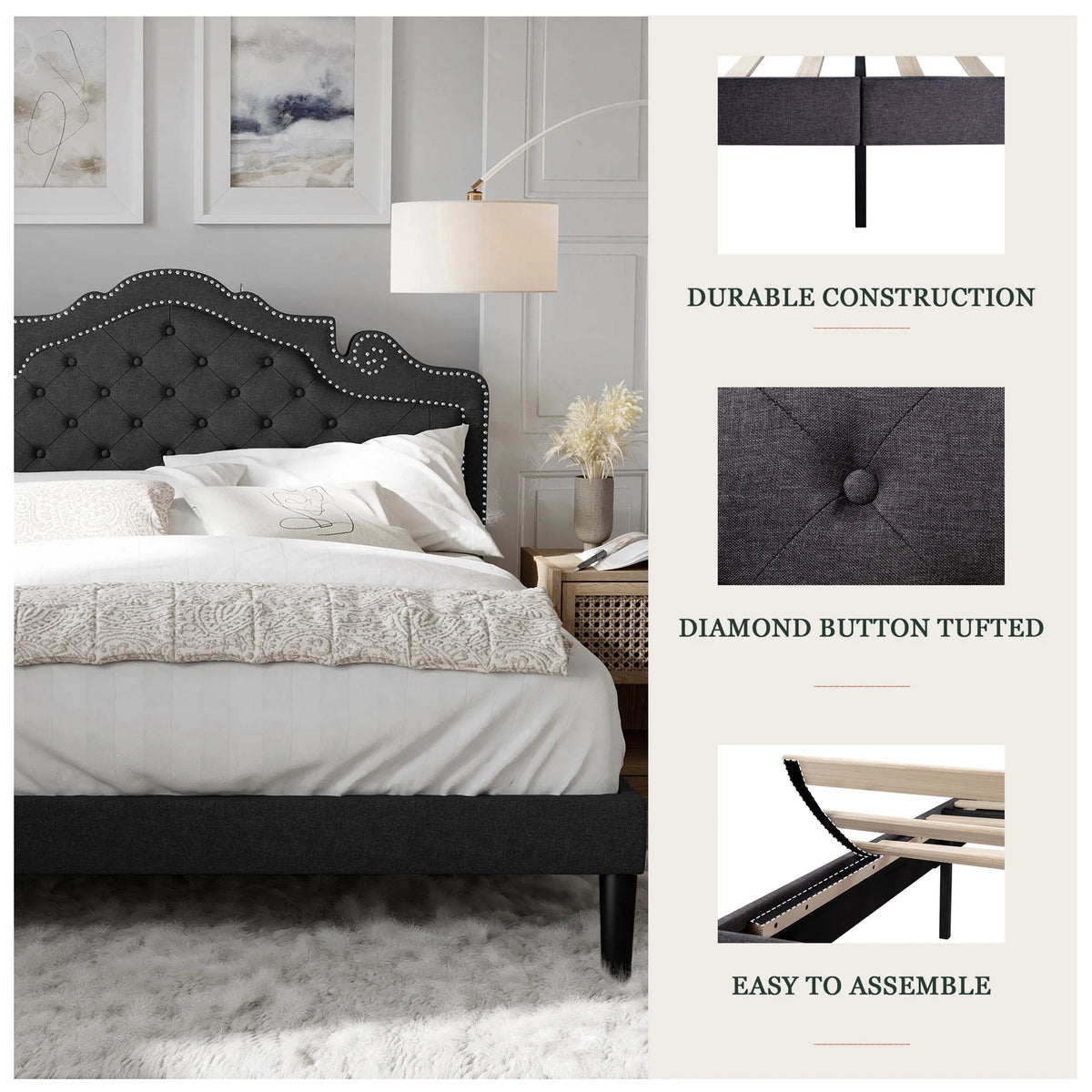 Queen Size Upholstered Platform Bed Frame with Adjustable Headboard, Black Y154593