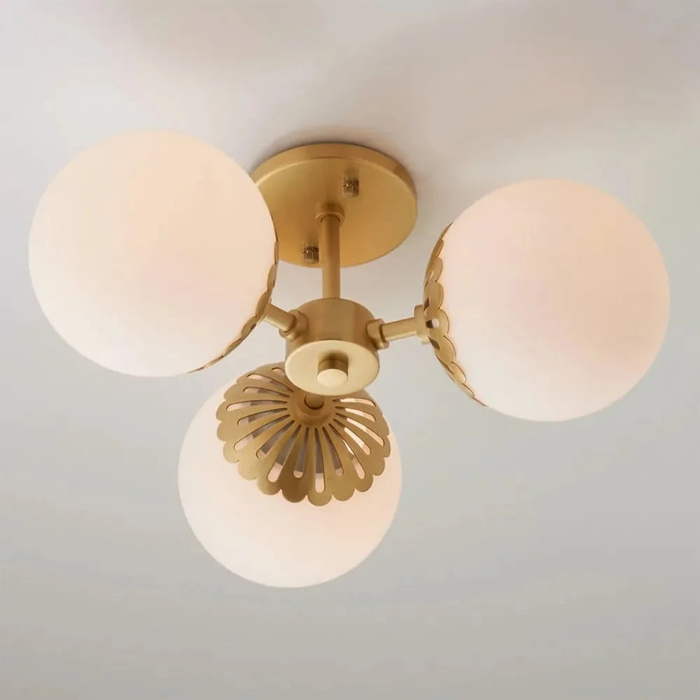 Modern Gold 3-Light Semi Flush Mount Light with White Round Glass Globe Shade Q514