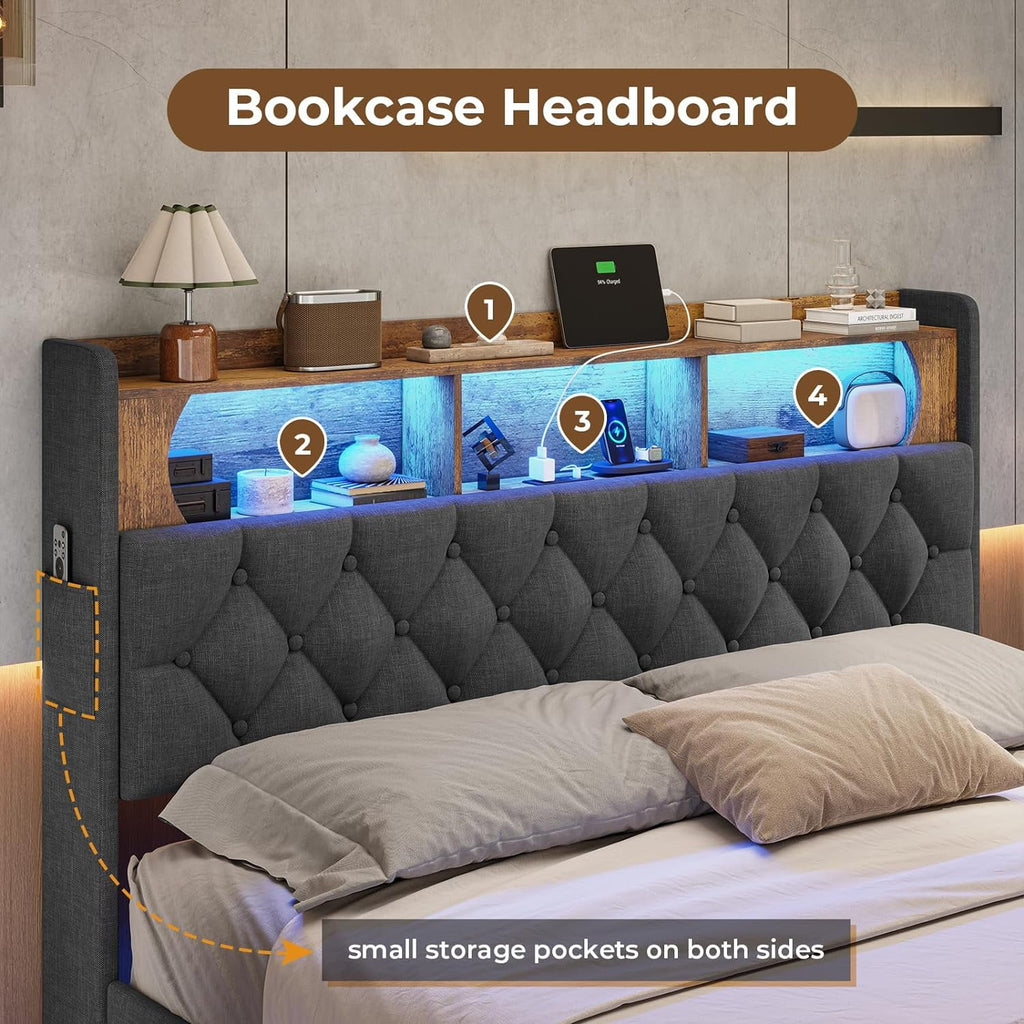 Queen Size Upholstered Platform Bed Frame with Bookcase Headboard A142905