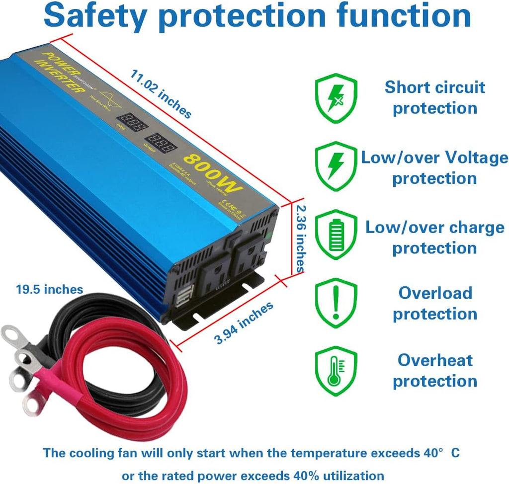 800W Pure Sine Wave Power Inverter 12V to 110V AC with Dual USB O15457