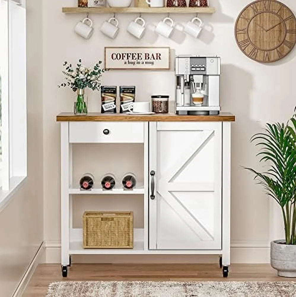 White Coffee Cart with Drawer and Cabinet F7905