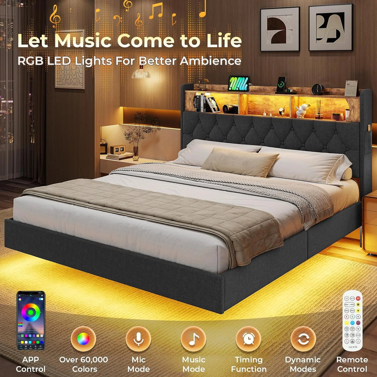 Queen Size Upholstered Platform Bed Frame with Bookcase Headboard A142905