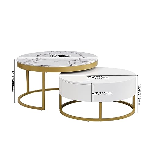 Round Lift-top Nesting Coffee Tables with 2 Drawers White & Natural L867