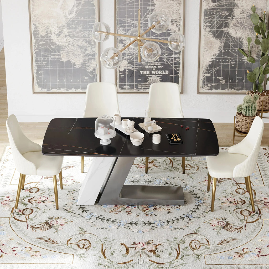 Black Dining Table with Sintered Stone Rectangle Tabletop J453