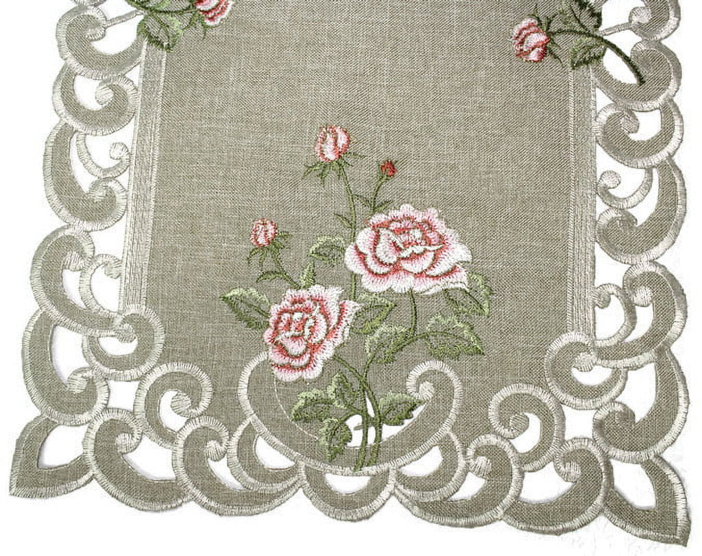 Table Runner with Pink Roses and Sage Green Burlap Linen Fabric, 70 x 15 inches Z63624