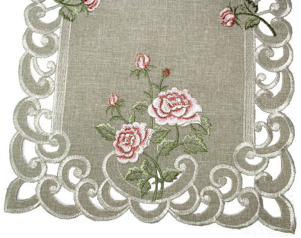 Table Runner with Pink Roses and Sage Green Burlap Linen Fabric, 70 x 15 inches Z63624