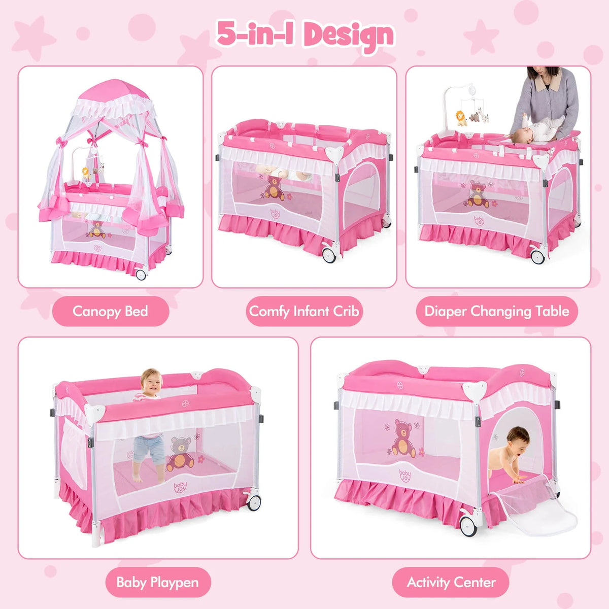 Portable 4 in 1 Baby Playard Crib with Changing Table Pink Z767841