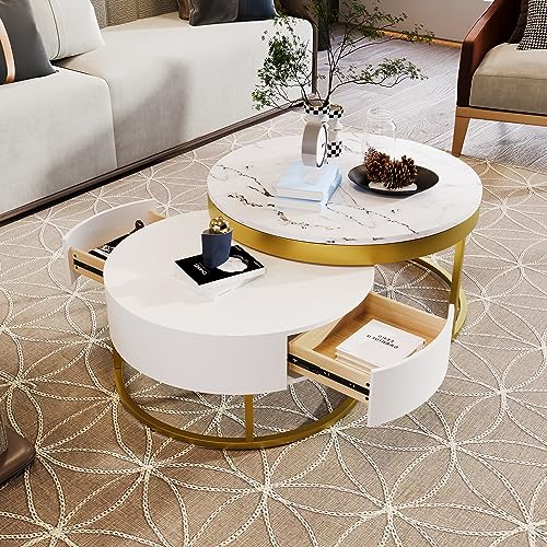 Round Lift-top Nesting Coffee Tables with 2 Drawers White & Natural L867