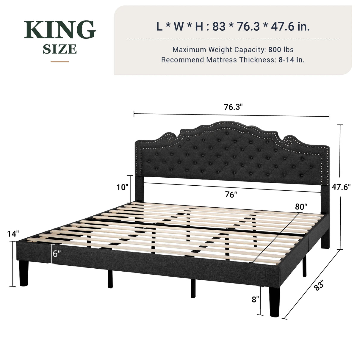 Queen Size Upholstered Platform Bed Frame with Adjustable Headboard, Black Y154593