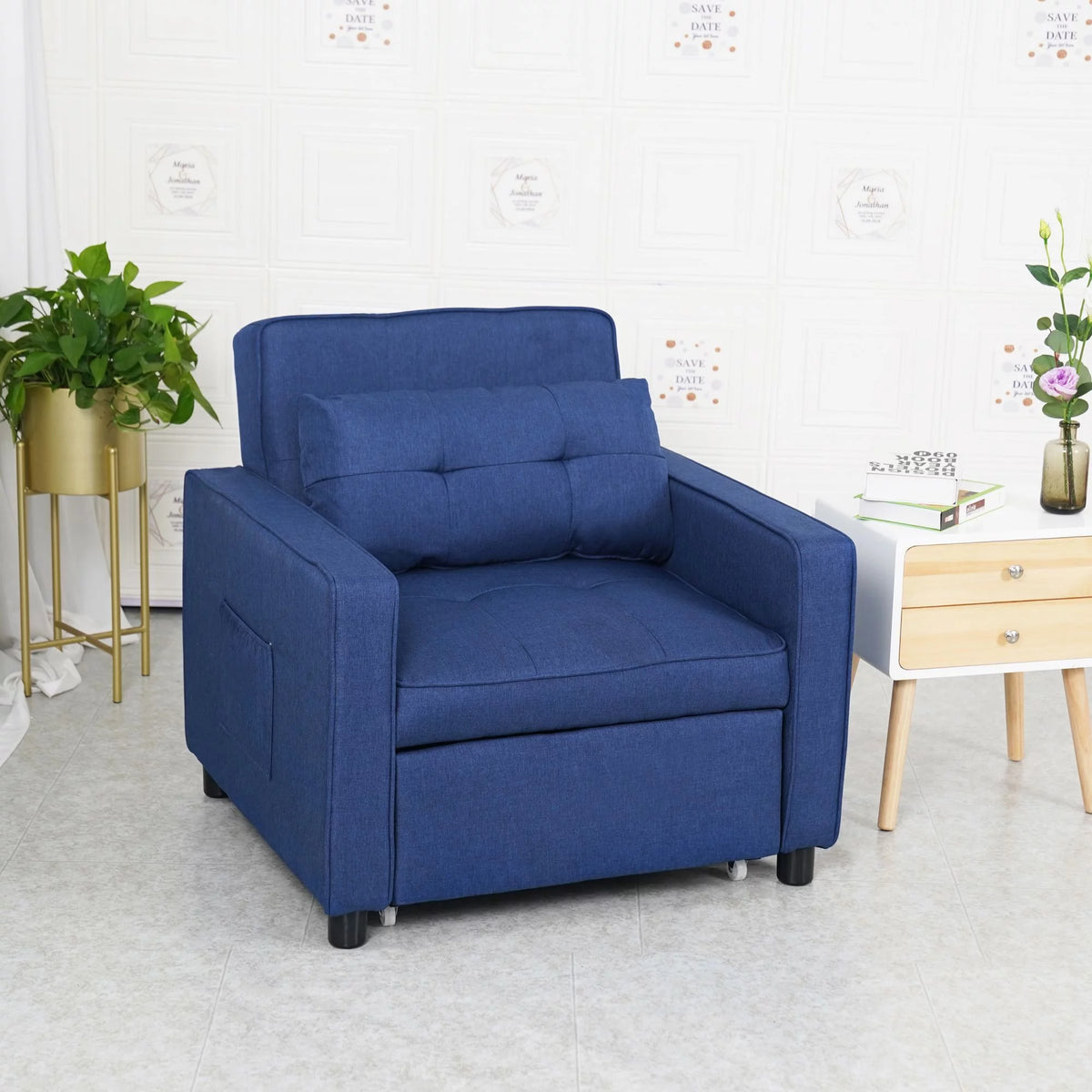 Blue Linen Fabric Convertible Chair Bed E174209