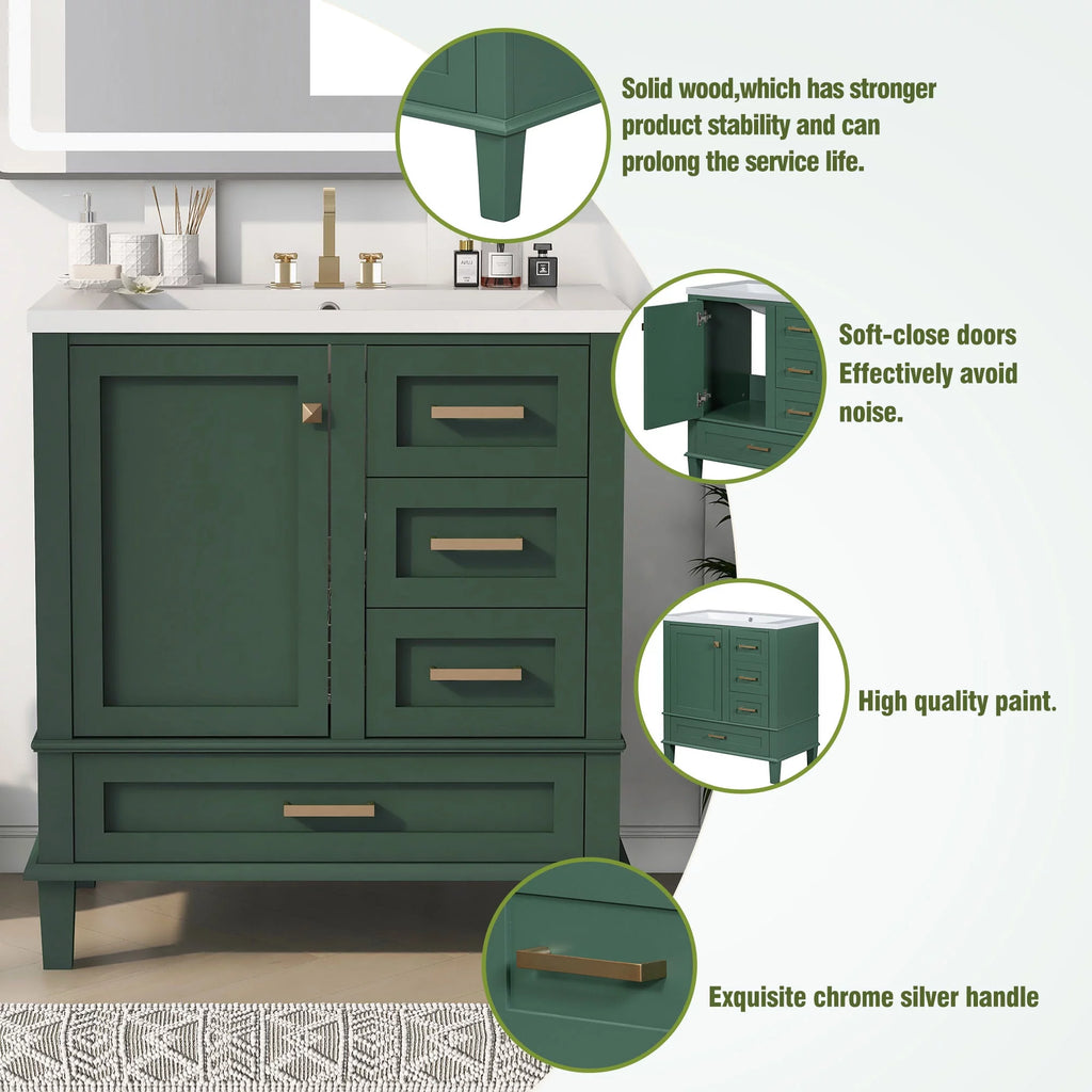 30" Green Solid Wood Bathroom Vanity with Top Basin and 3 Drawers W3518