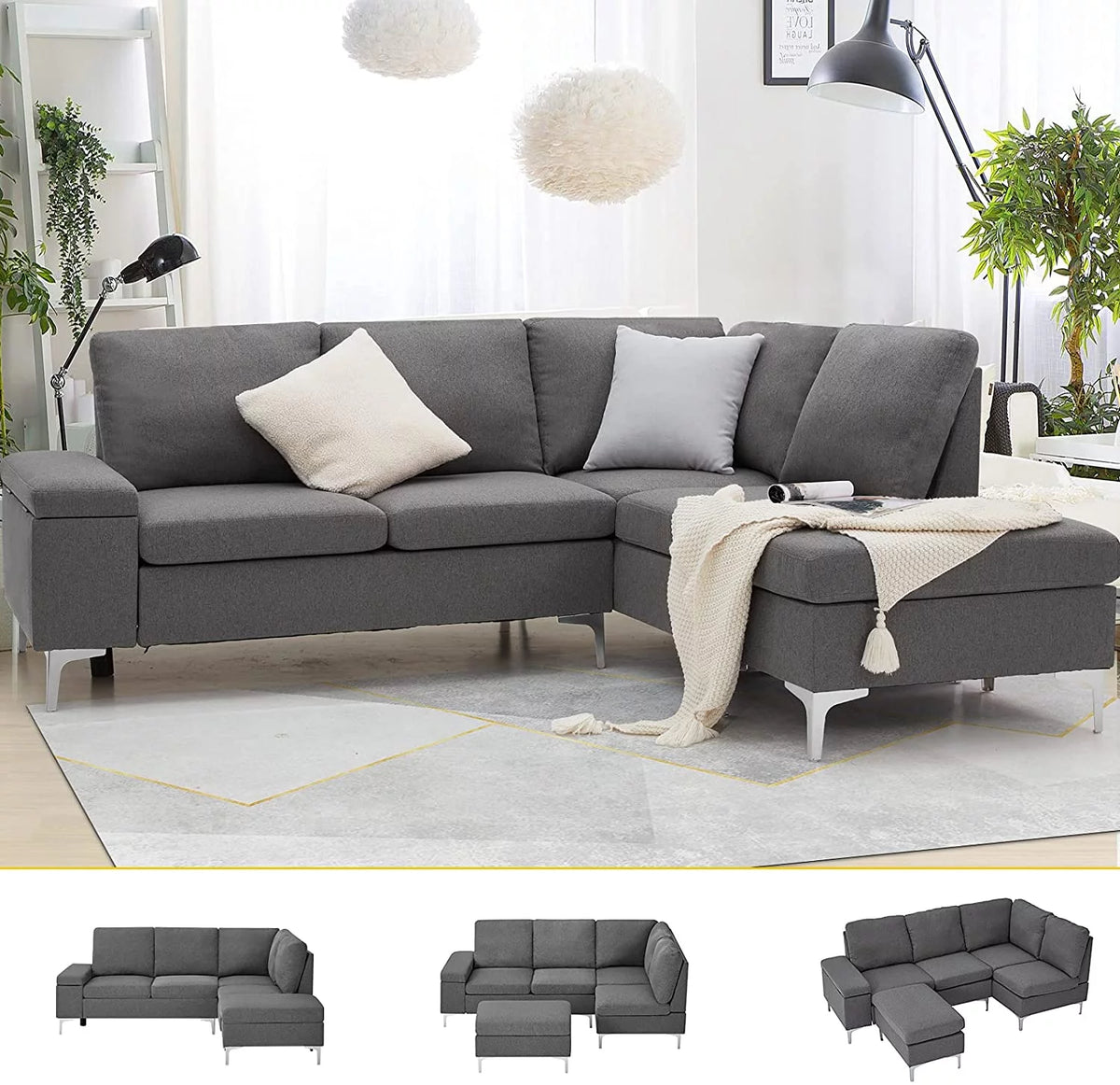 Gray Sectional Sofa with Armrest Storage E382