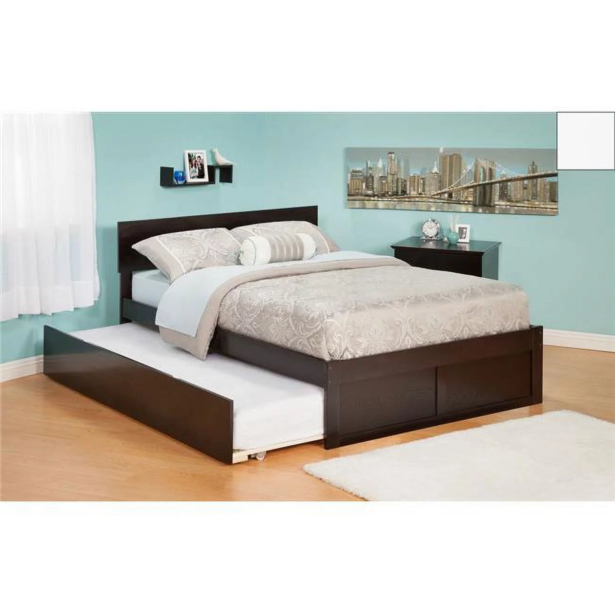Twin Bed with Flat Panel Foot Board and Trundle Bed White D594956