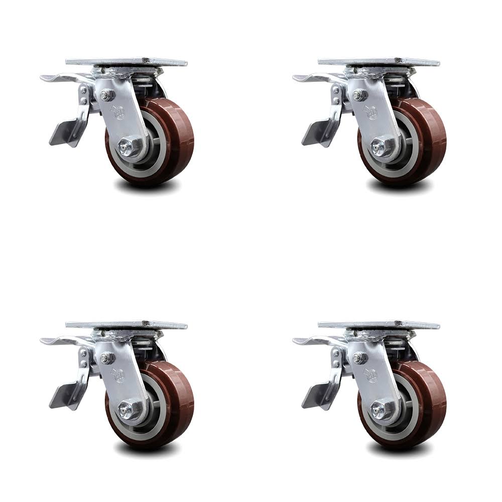 4 inch Polyurethane Caster Set with Roller Bearings and Total Lock Brakes I163
