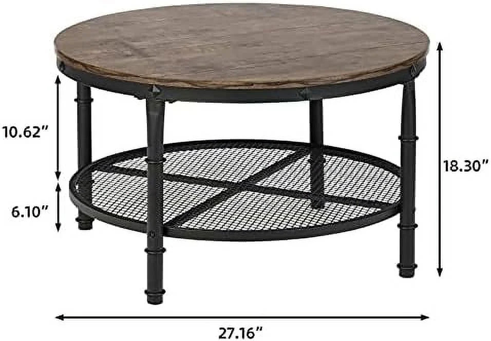 Small Round Coffee Table with Wood Top Metal Legs 2-Tier Grey P63567