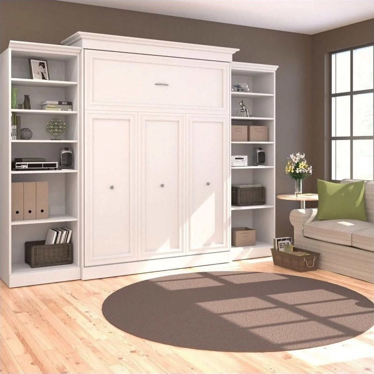 White Wood Queen Murphy Bed with 2 Closet Organizers E47082