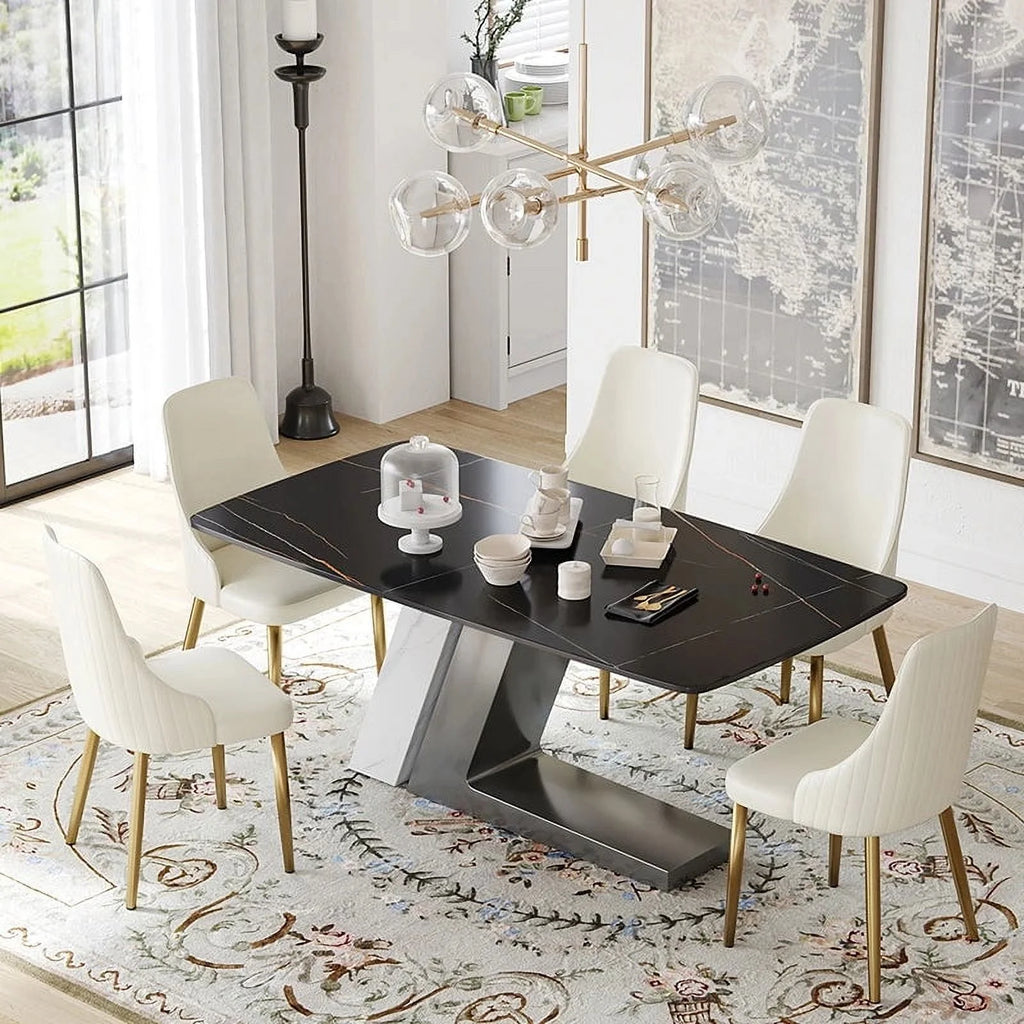 Black Dining Table with Sintered Stone Rectangle Tabletop J453