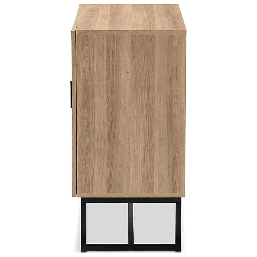 Natural Brown Wood and Black Metal 2-Door Storage Cabinet I220