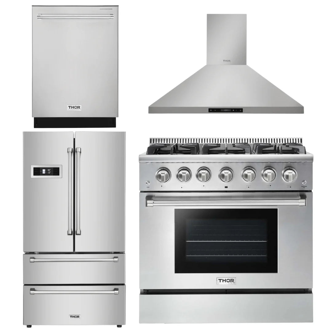 36 Propane Gas Range, Range Hood, Refrigerator, Dishwasher Package D5228