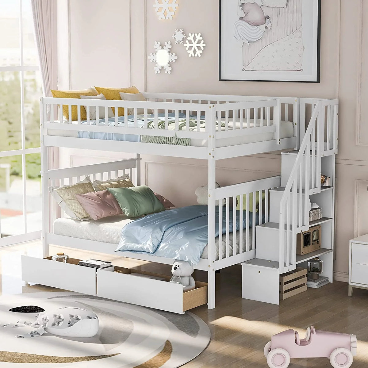 Full Over Full Solid Wood Bunk Bed with Stairs and Storage Drawers B9558