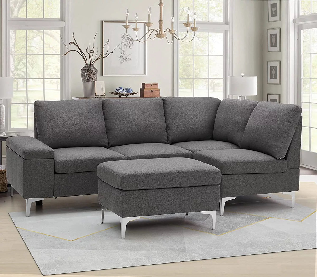 Gray Sectional Sofa with Armrest Storage E382