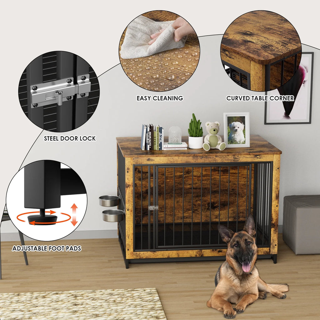 44.1'' Wooden Dog Crate with 2 Stainless Steel Bowls B44251