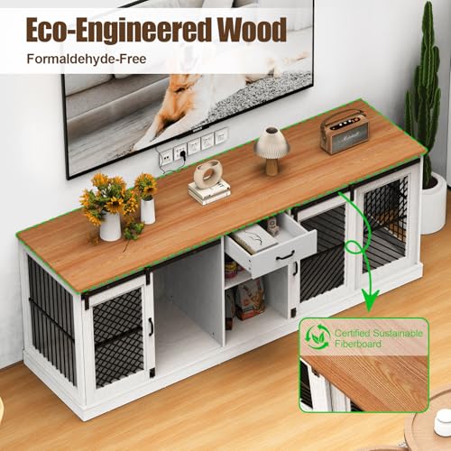 Wooden Double Dog Crate Furniture with Storage Shelves A388569