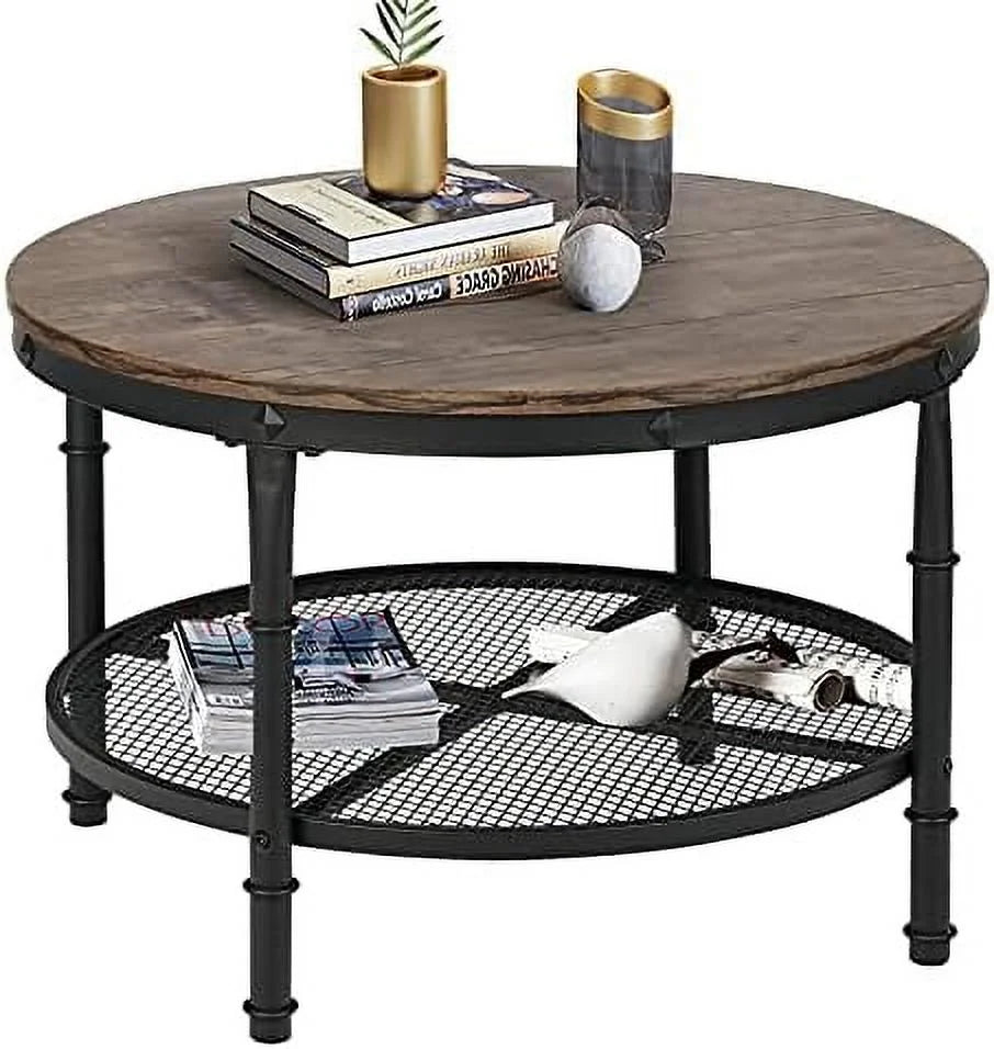 Small Round Coffee Table with Wood Top Metal Legs 2-Tier Grey P63567