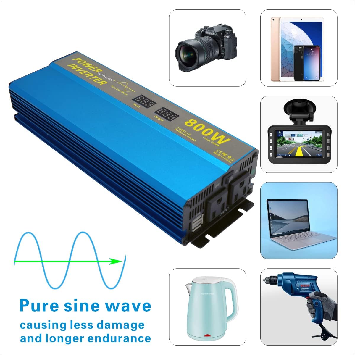 800W Pure Sine Wave Power Inverter 12V to 110V AC with Dual USB O15457