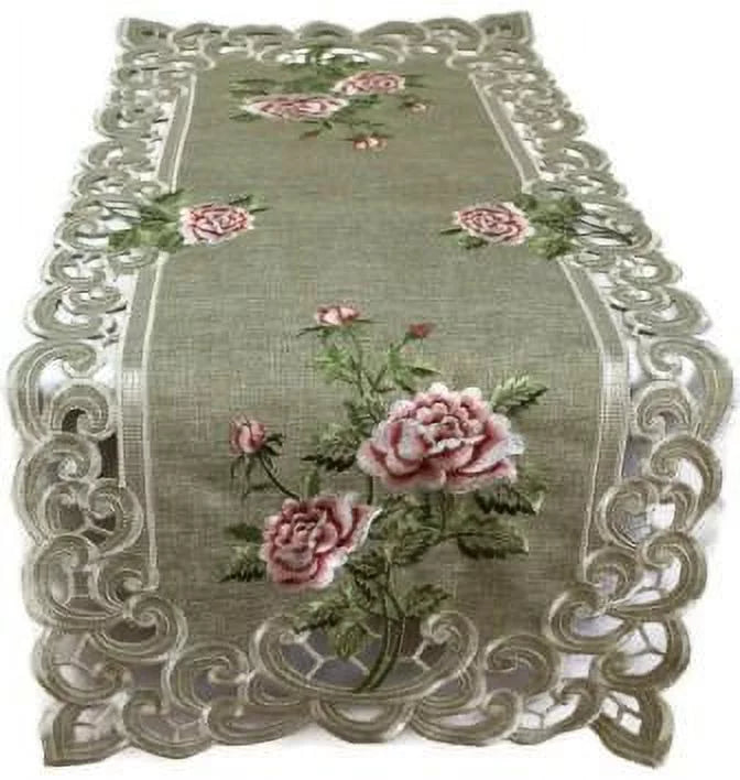 Table Runner with Pink Roses and Sage Green Burlap Linen Fabric, 70 x 15 inches Z63624