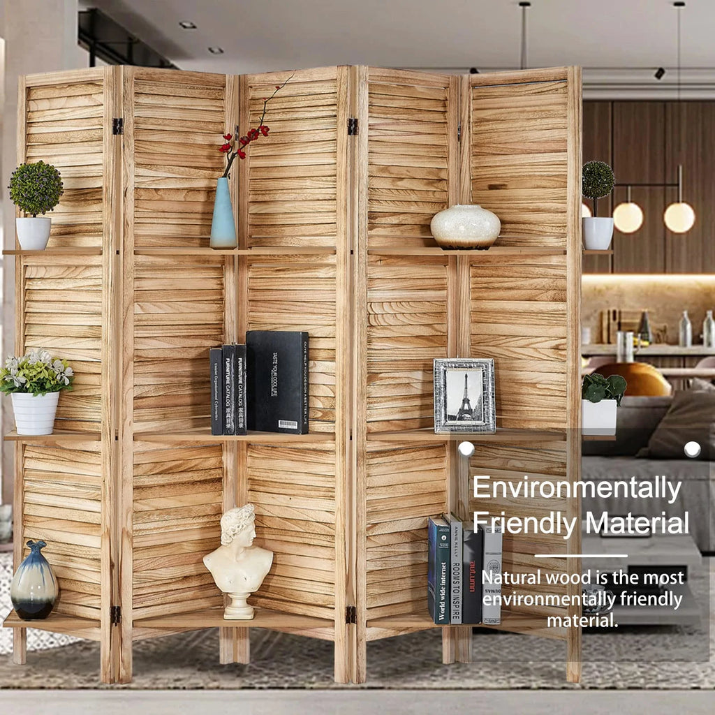 5 Panel Wood Folding Room Divider with Shelves N23185