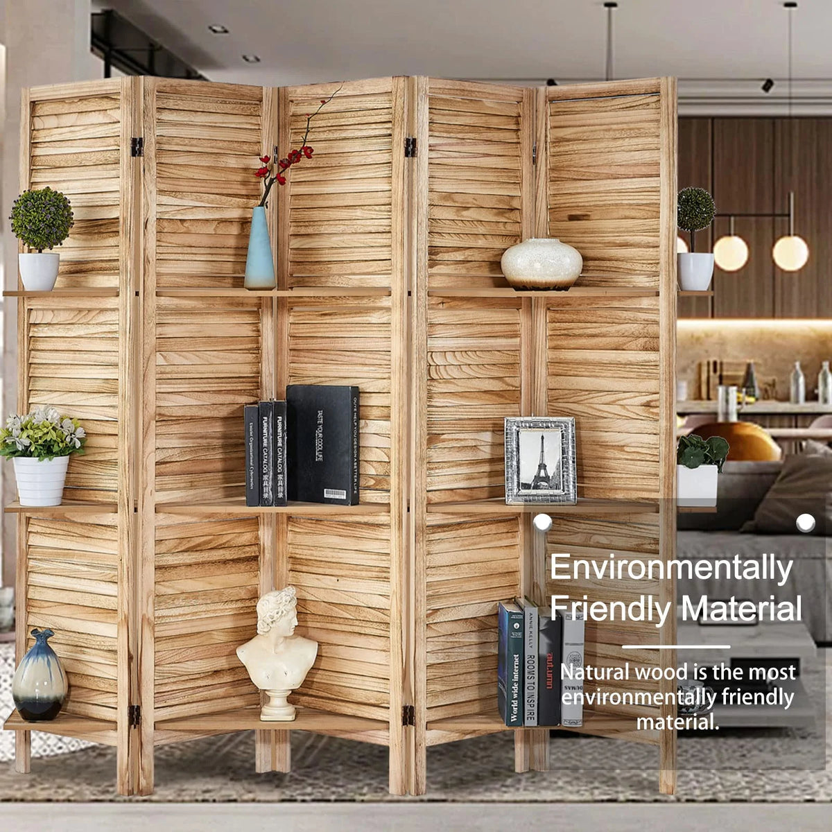 5 Panel Wood Folding Room Divider with Shelves N23185