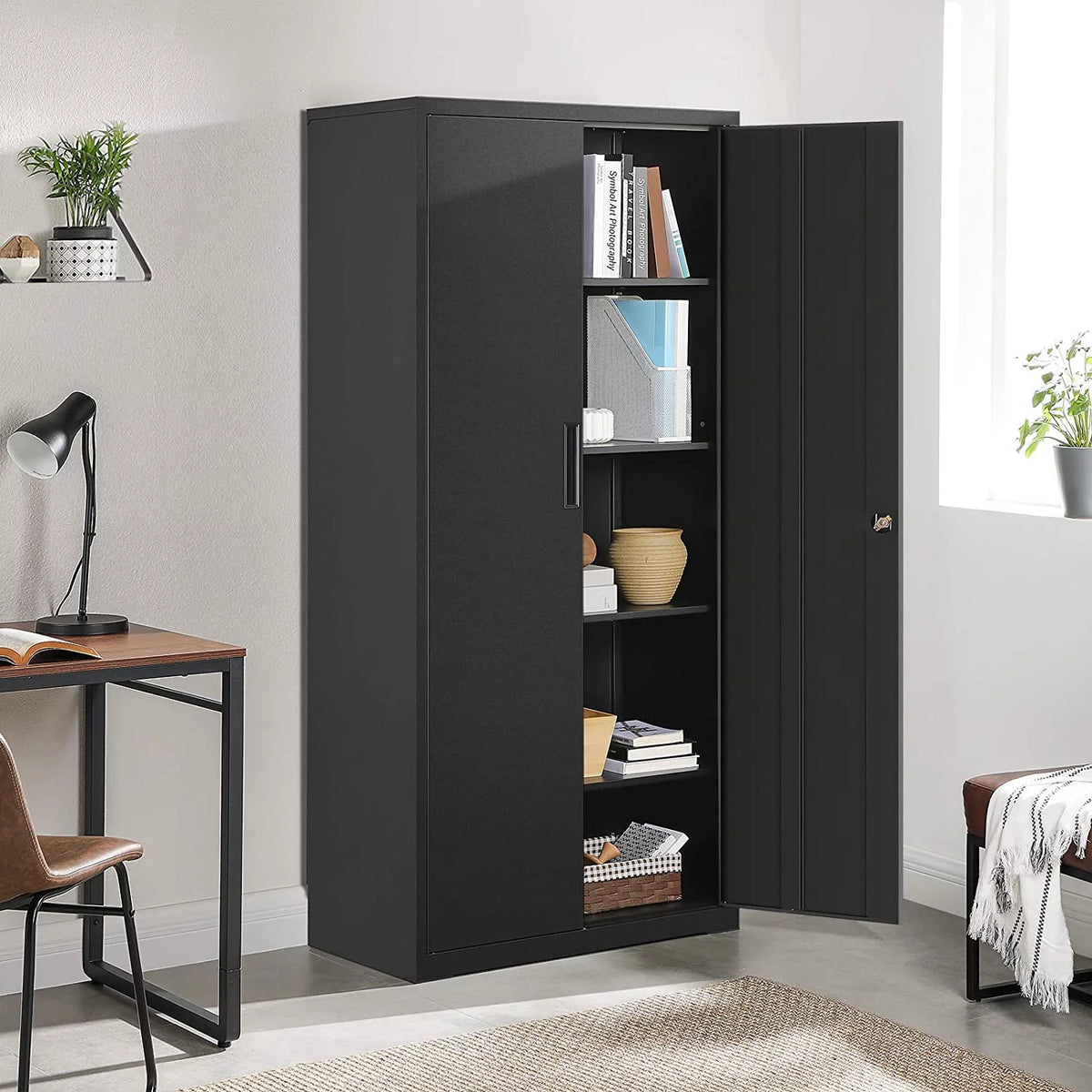 Metal Storage Cabinet with Doors and Shelves Black O468359
