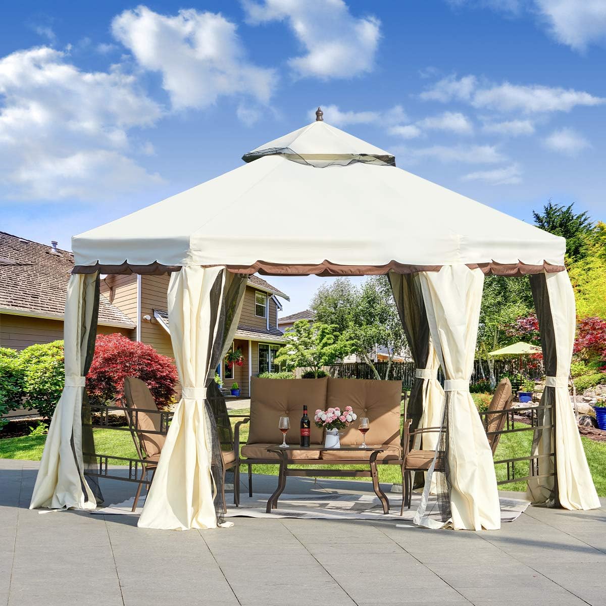 12’ x 12’ Outdoor Canopy Gazebo with Netting and Shade Curtains R8310