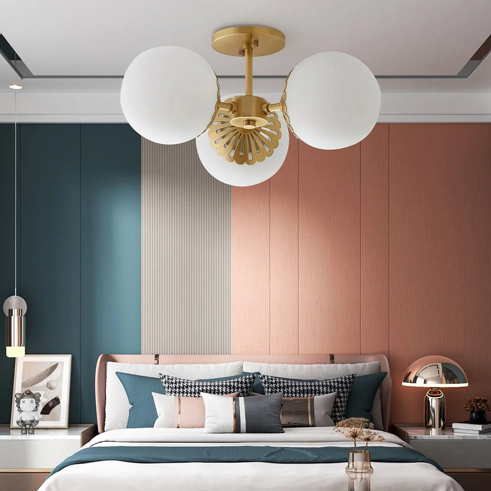 Modern Gold 3-Light Semi Flush Mount Light with White Round Glass Globe Shade Q514