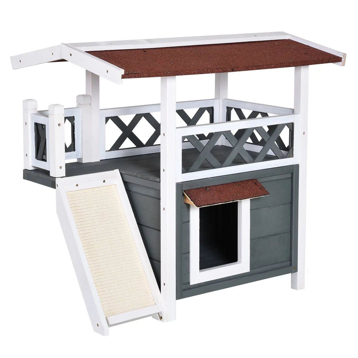 2-story Cat House Wood Shelter with Condo Sisal Ramp, Gray B9739