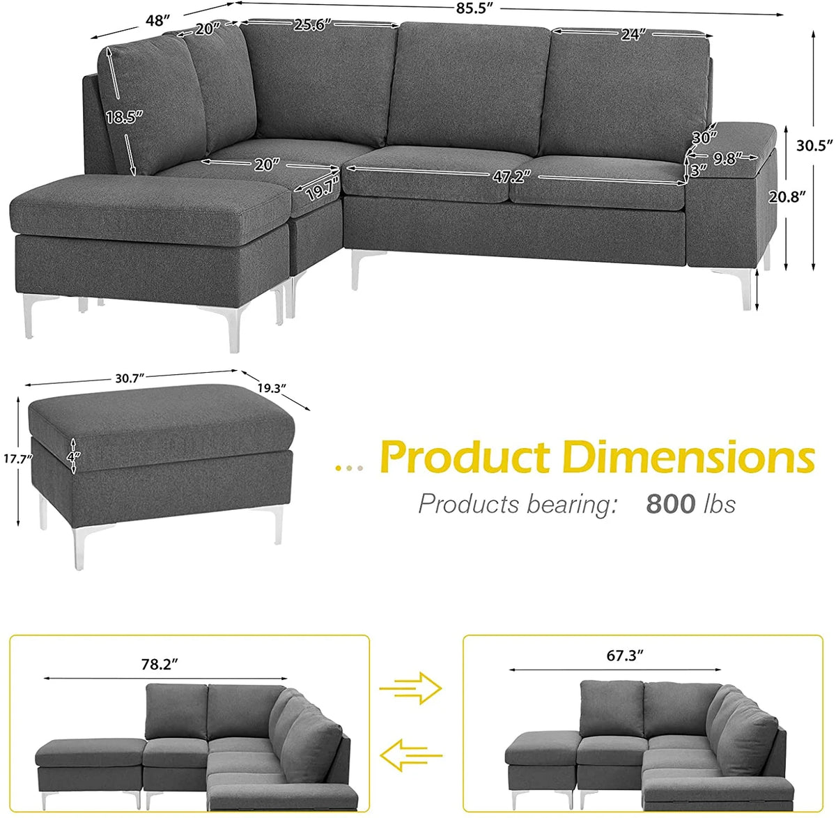 Gray Sectional Sofa with Armrest Storage E382