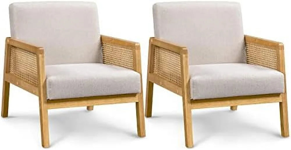Ivory Boucle Fabric Accent Chair with Wood Armrest and Legs 2 pcs W192748