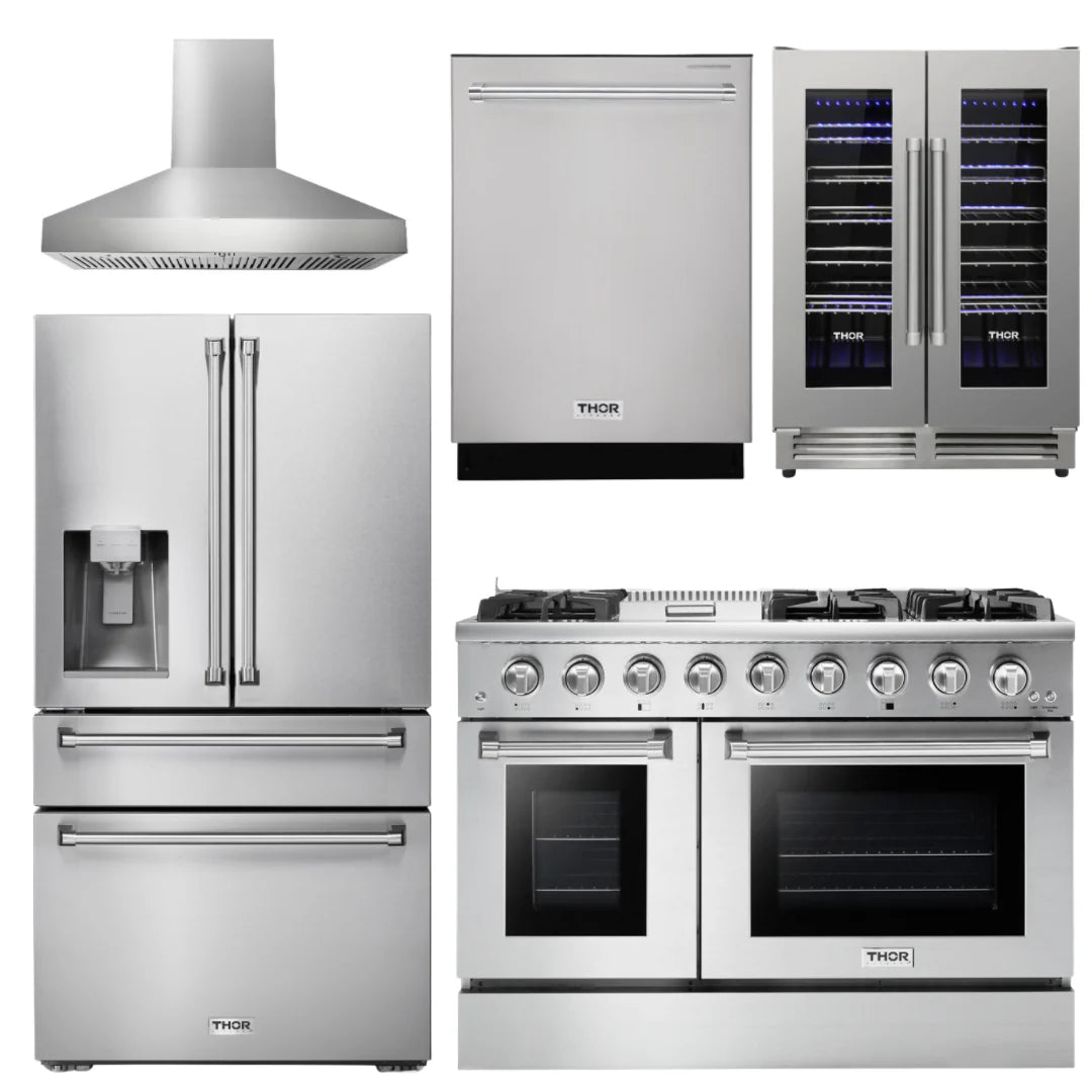 48 Propane Gas Range, Range Hood, Refrigerator with Water & Ice Dispenser, Dishwasher, Wine Cooler I8271