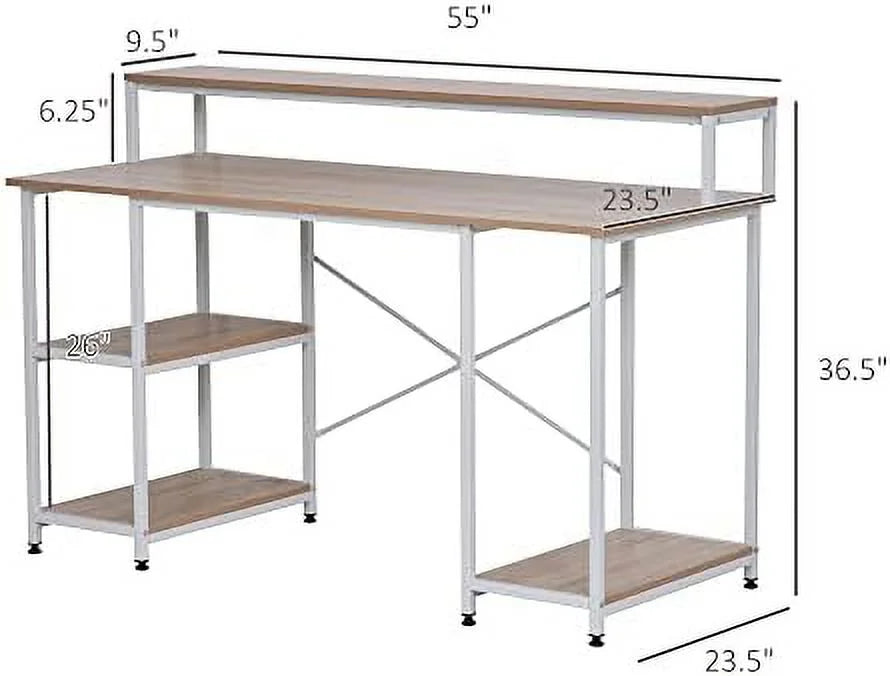 55 Inch Oak Wood Grain Computer Desk with Shelves R5615