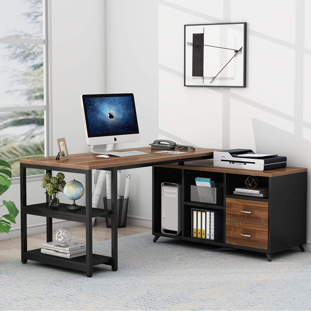 55 Inch L-Shaped Computer Desk with Drawers I8284