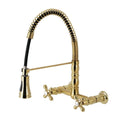 Brushed Brass Two-Handle Wall-Mount Pull-Down Sprayer Kitchen Faucet U5424
