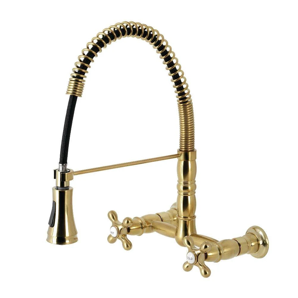 Brushed Brass Two-Handle Wall-Mount Pull-Down Sprayer Kitchen Faucet U5424