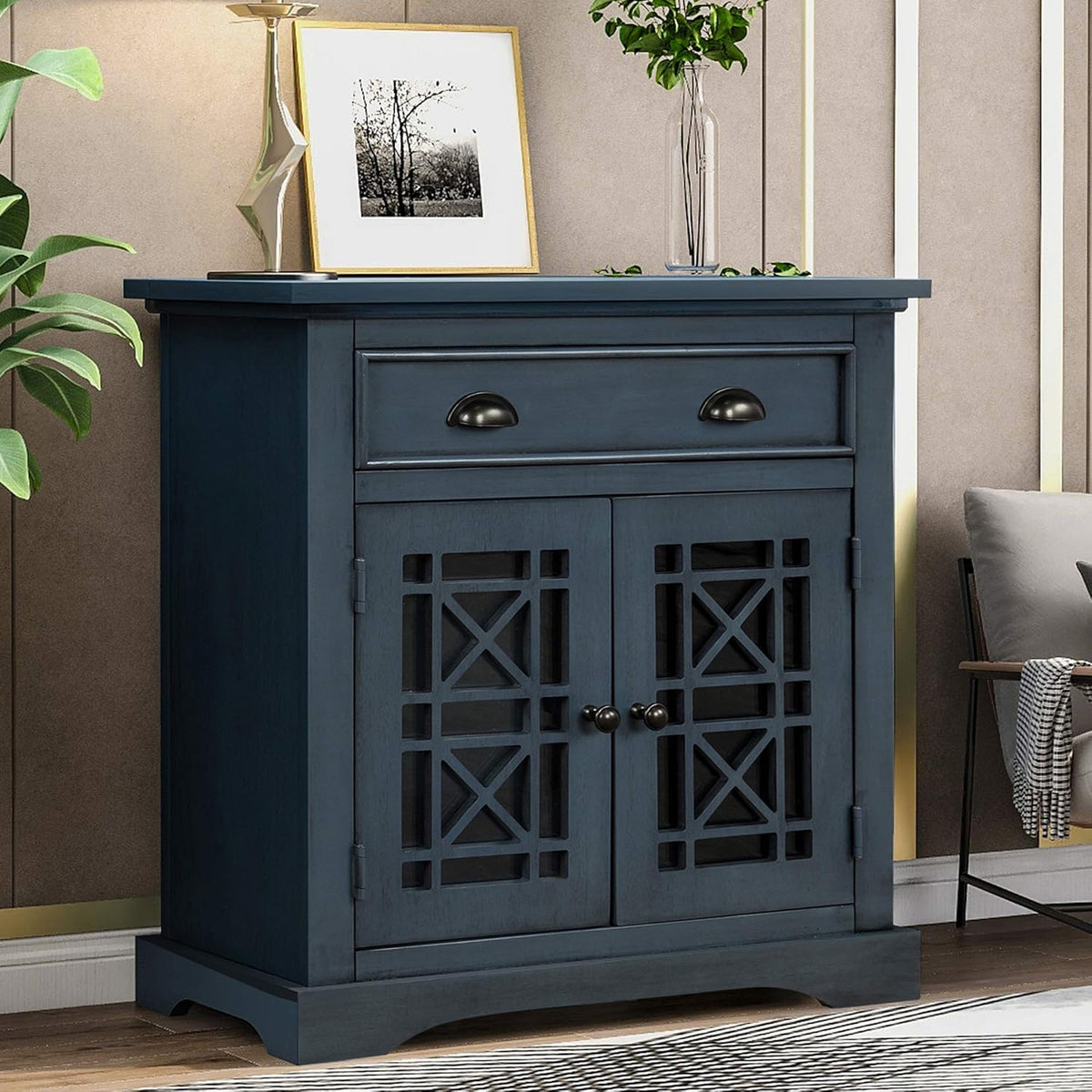 Dark Blue Wood Storage Cabinet with Doors and Drawer Y2341