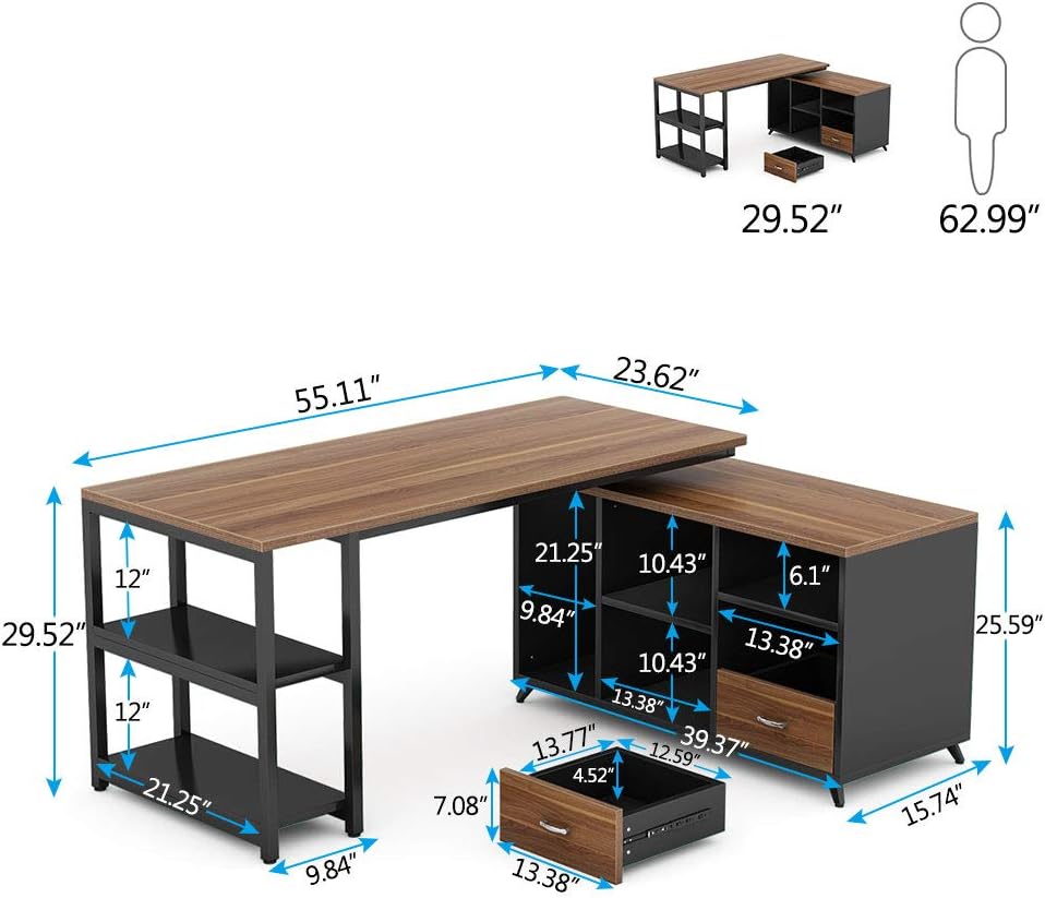 55 Inch L-Shaped Computer Desk with Drawers I8284