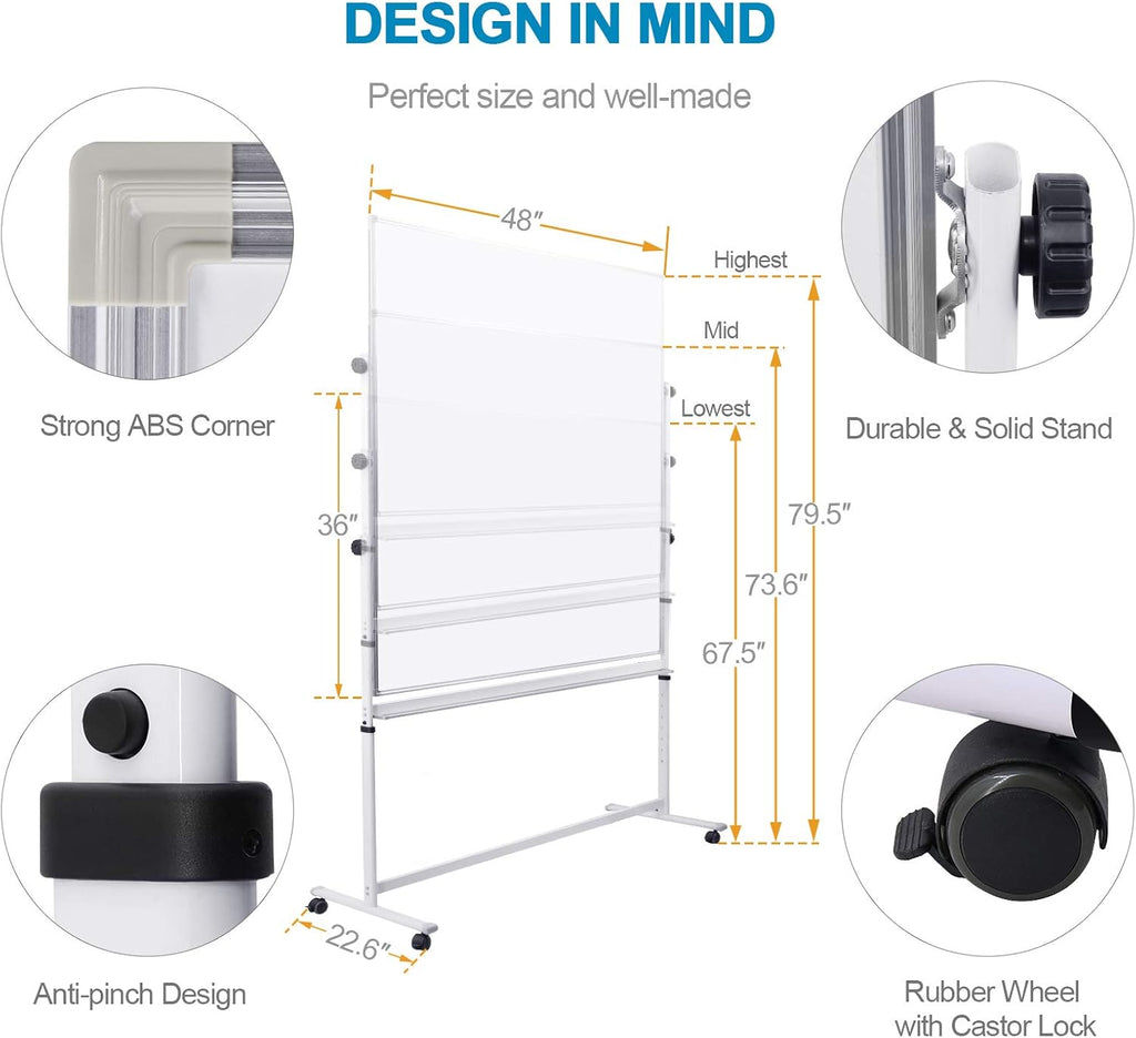 48x36 Height Adjustable Double Sided Magnetic Whiteboard with Stand Z4885
