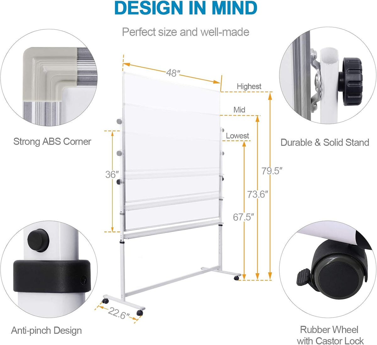 48x36 Height Adjustable Double Sided Magnetic Whiteboard with Stand Z4885