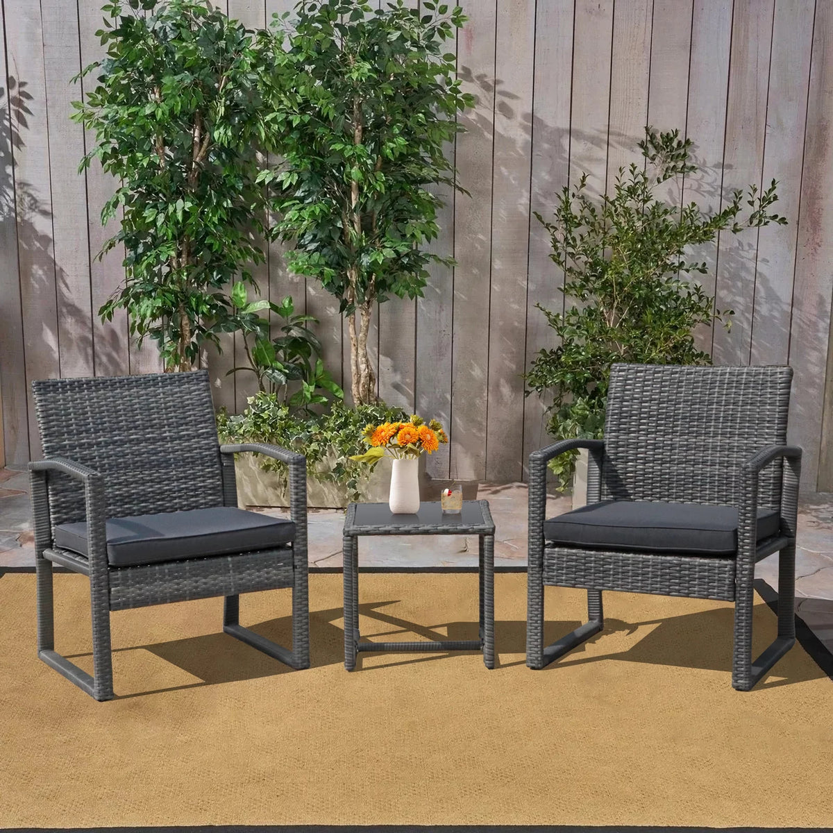 3 Piece Dark Gray Wicker Patio Furniture Set with Coffee Table I826