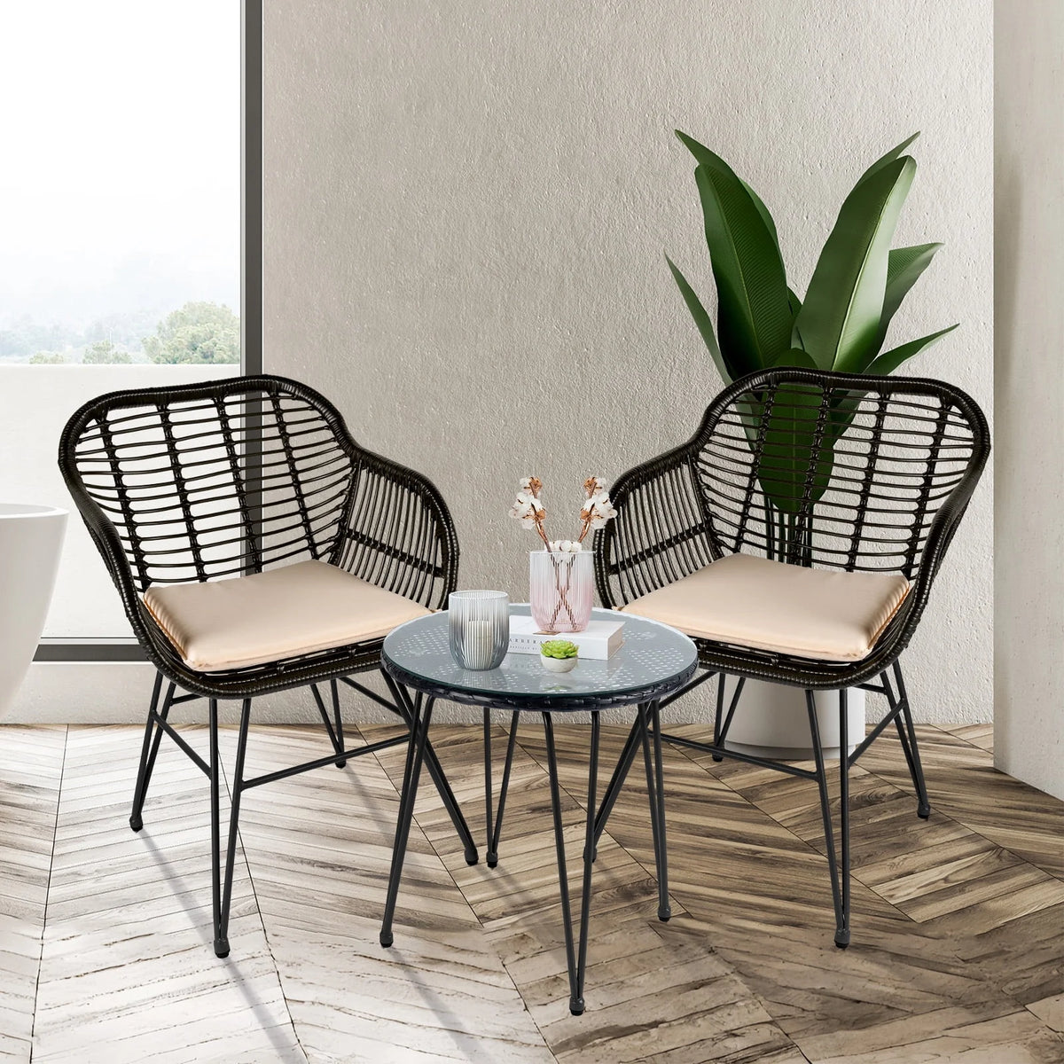3 Piece PE Rattan Wicker Bistro Set with Cushions V401